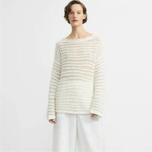 Theory White Alpaca Blend Long Boatneck Sheer Knit Striped Tunic Sweater